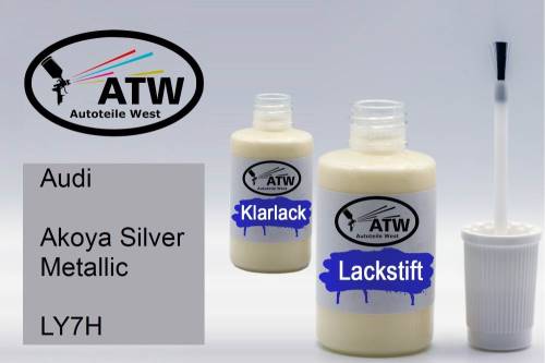 Audi, Akoya Silver Metallic, LY7H: 20ml Lackstift + 20ml Klarlack - Set, von ATW Autoteile West.